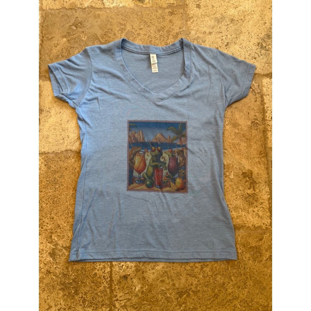 Deluxe Womens "Cabo Life" Graphic Tee V-Neck Short Sleeve Light Blue Cotton S